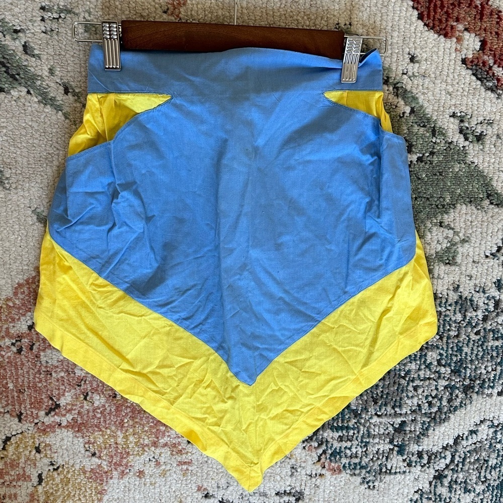 Vintage Handmade Women’s Half Kitchen Apron with Pockets, blue & yellow